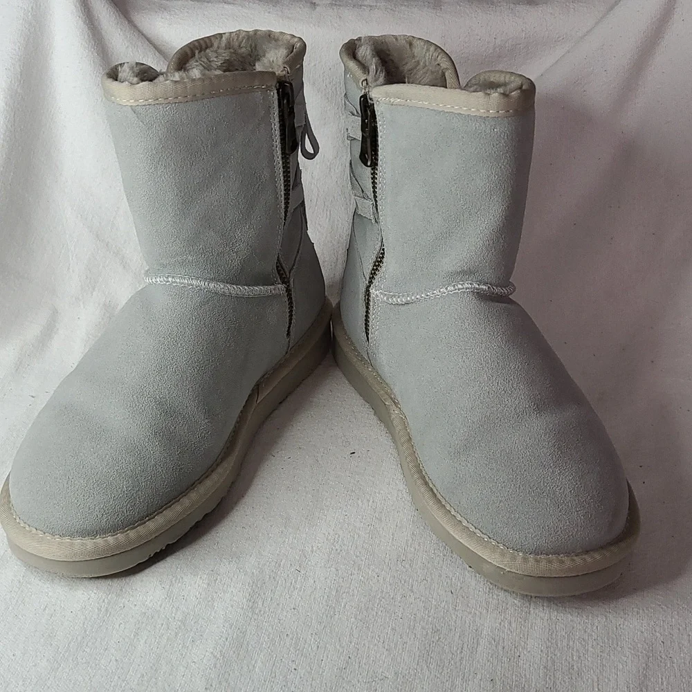 LAM Womens Light Blue Suede? Fur Lined Winter Boots Zips Lace-up Tassle Sz 6 EUC